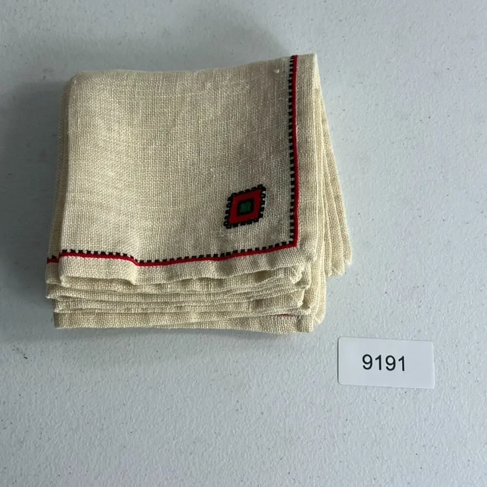 Vintage Tea Napkins Red Green Square Embroidered 6 pcs set